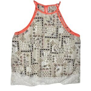 PAPAYA Women L Halter Tank Top Paisley Lace White Trim Orange Trim